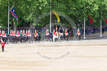 Trooping the Colour 2013: The Household Cavalry is marching off, led by the Field Officer of the Escort, Major Nick Stewart, The Life Guards, followed by the Trumpeter, Standard Bearer, Standard Coverer. and The Life Guards as first and second divisions of the Sovereign's Escort. Image #782, 15 June 2013 12:06 Horse Guards Parade, London, UK