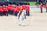 Trooping the Colour 2013: The Field Officer in Brigade Waiting, Lieutenant Colonel Dino Bossi, Welsh Guards, rides towards the dais to ask HM The Queen's permission to march off. Image #785, 15 June 2013 12:07 Horse Guards Parade, London, UK