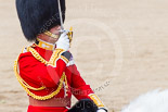 Trooping the Colour 2013: The Field Officer in Brigade Waiting, Lieutenant Colonel Dino Bossi, Welsh Guards, salutes Her Majesty before asking permission to march off. Image #789, 15 June 2013 12:07 Horse Guards Parade, London, UK