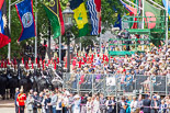 Trooping the Colour 2013: The Household Cavalry is marching off, The Life Guards, and behind them The Blues and Royals, on the way to The Mall. Image #795, 15 June 2013 12:08 Horse Guards Parade, London, UK