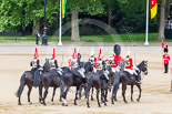 Trooping the Colour 2013: The March Off - Brigade Major Household Division Lieutenant Colonel Simon Soskin, Grenadier Guards, is followed by the four troopers from The Life Guards and the four troopers from the Blues and Royals. Image #864, 15 June 2013 12:13 Horse Guards Parade, London, UK