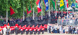 Trooping the Colour 2013: The March Off - lines of scarlet and black as the guardsmen, with their bearskins, are marching up Horse Guards Road towards The Mall. Image #868, 15 June 2013 12:13 Horse Guards Parade, London, UK