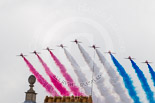 Trooping the Colour 2013: The RAF Flypast - the Red Arrows, red, white and blue smoke!. Image #925, 15 June 2013 13:03 Horse Guards Parade, London, UK