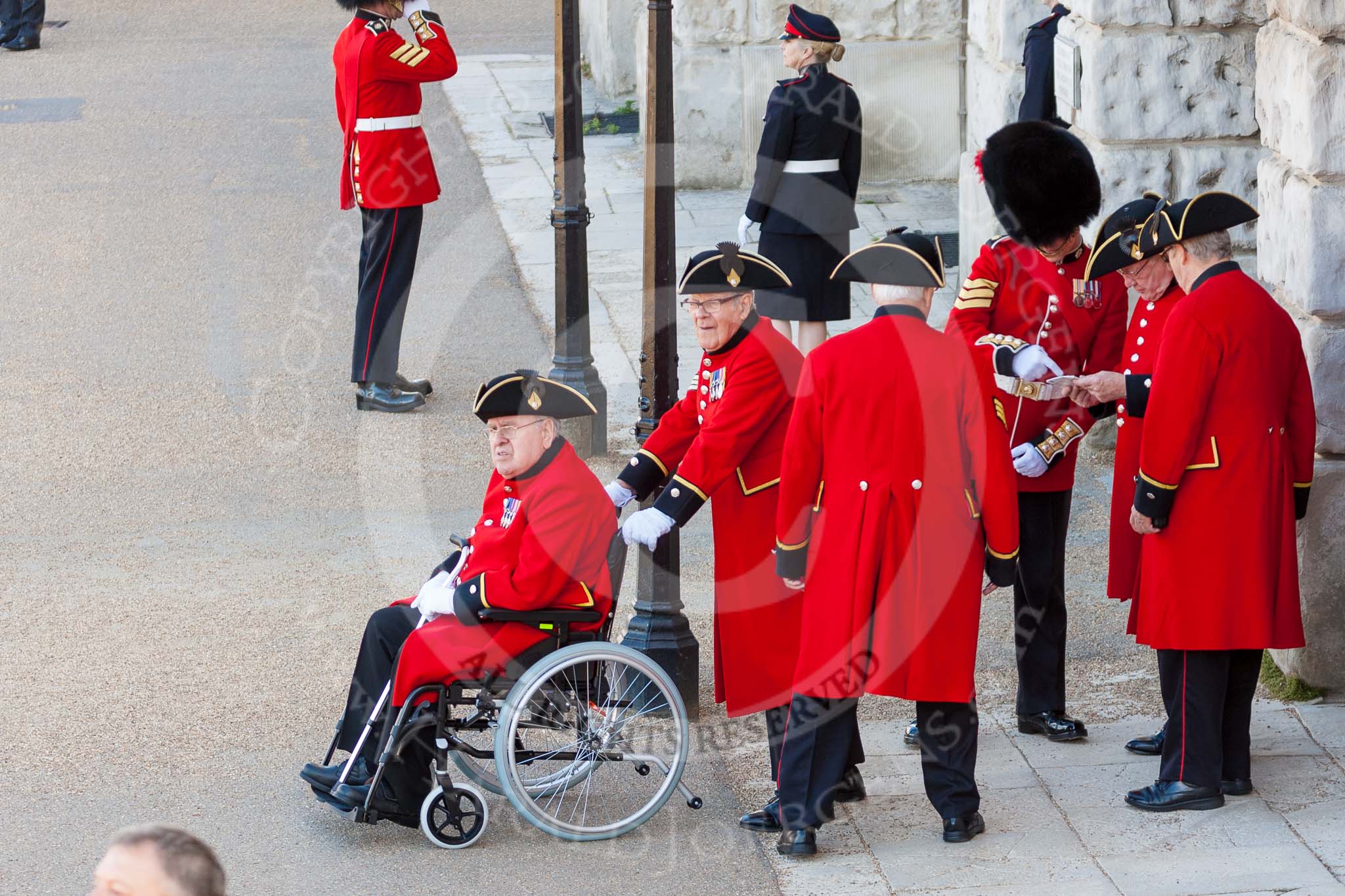 The Colonel's Review 2015: A group of Chelsea Pensioners arrives at Horse Guards Parade..
Horse Guards Parade, Westminster,
London,

United Kingdom,
on 06 June 2015 at 09:34, image #18