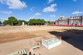 Horse Guards Parade in the morning of a beautiful day. On the bottom of the photo are the three parts of the dais that will be put together later.