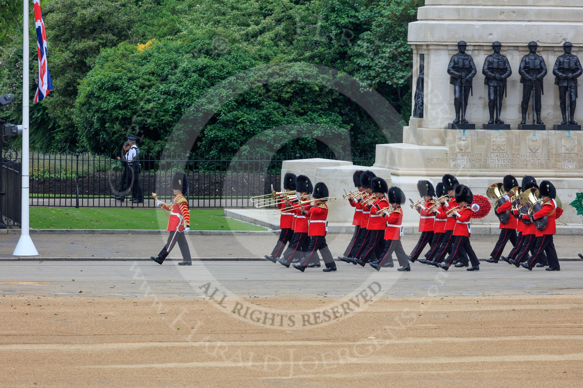 The Band of the Welsh Guards marching past the Guards Memorial during The Colonel's Review 2018 (final rehearsal for Trooping the Colour, The Queen's Birthday Parade)  at Horse Guards Parade, Westminster, London, 2 June 2018, 10:13.