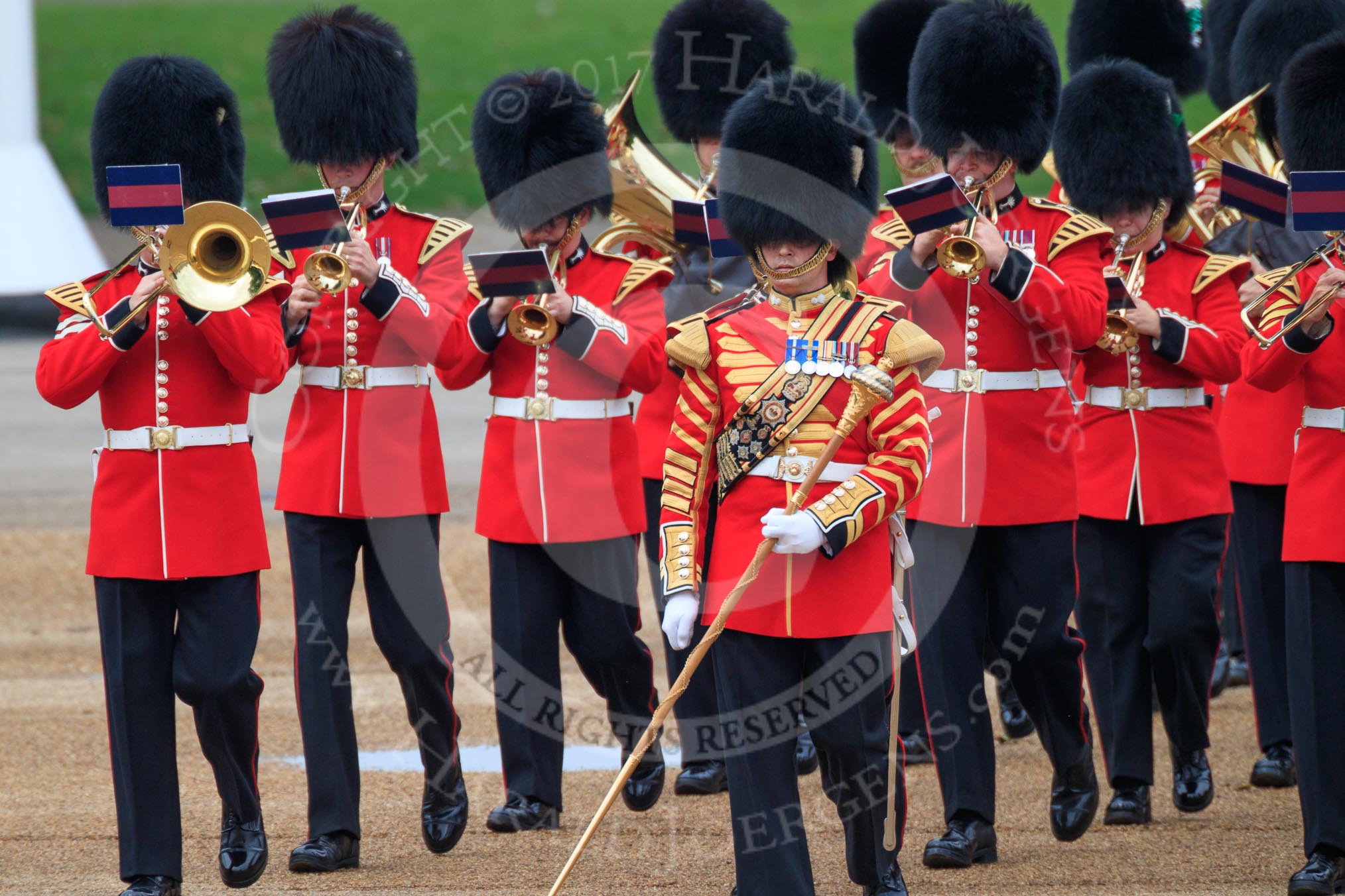 Senior Drum Major Damian Thomas, leading the Band of the Welsh Guards into position on Horse Guards Parade, during The Colonel's Review 2018 (final rehearsal for Trooping the Colour, The Queen's Birthday Parade)  at Horse Guards Parade, Westminster, London, 2 June 2018, 10:13.