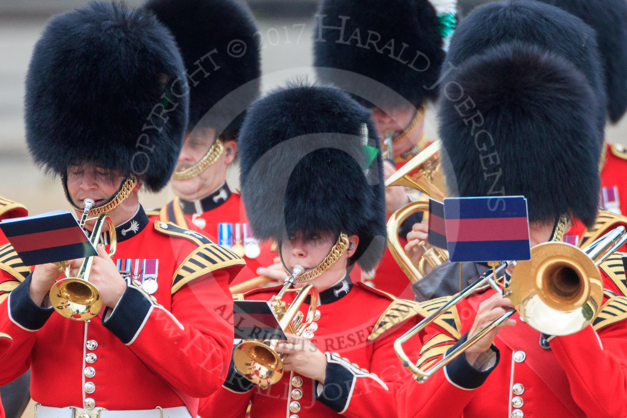Musicians of the Band of the Welsh Guards marching onto Horse Guards Parade during The Colonel's Review 2018 (final rehearsal for Trooping the Colour, The Queen's Birthday Parade)  at Horse Guards Parade, Westminster, London, 2 June 2018, 10:14.