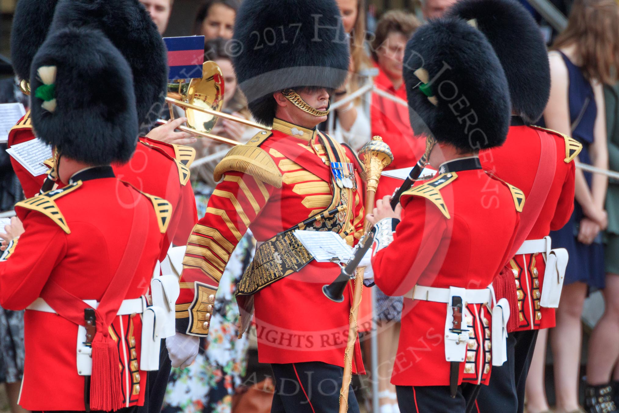 Senior Drum Major Damian Thomas, leading the 180 degrees turn of the Band of the Welsh Guards to get into position on Horse Guards Parade, during The Colonel's Review 2018 (final rehearsal for Trooping the Colour, The Queen's Birthday Parade)  at Horse Guards Parade, Westminster, London, 2 June 2018, 10:15.