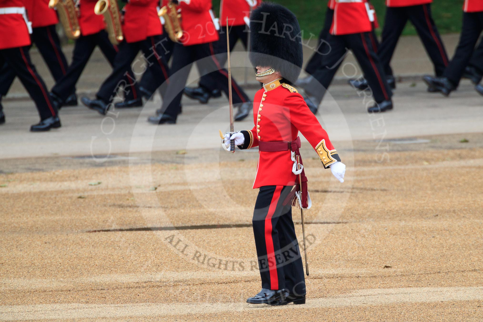 during The Colonel's Review {iptcyear4} (final rehearsal for Trooping the Colour, The Queen's Birthday Parade)  at Horse Guards Parade, Westminster, London, 2 June 2018, 10:31.
