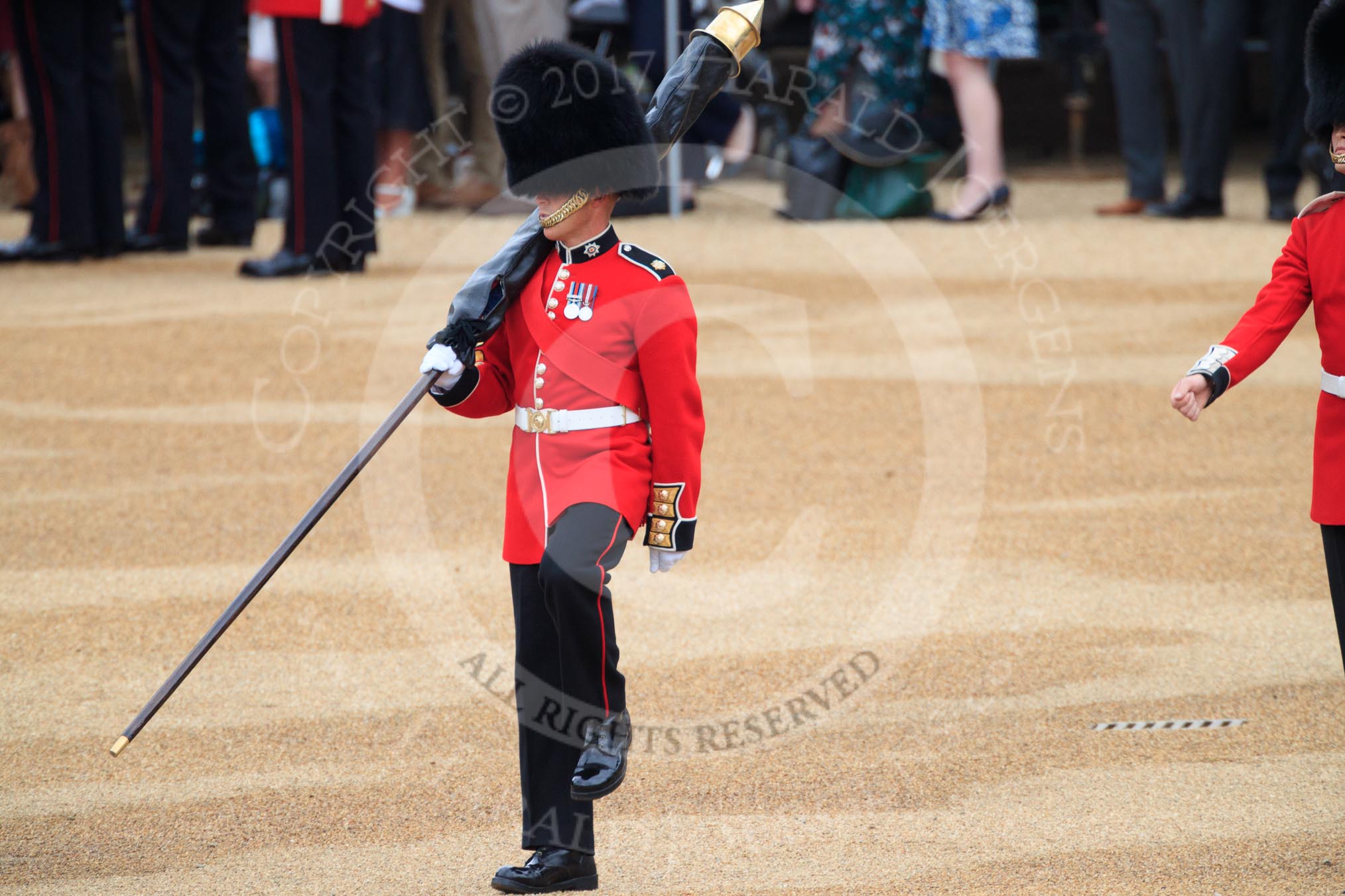 Colour Sentry Guardsman Jonathon Hughes (26) during The Colonel's Review 2018 (final rehearsal for Trooping the Colour, The Queen's Birthday Parade)  at Horse Guards Parade, Westminster, London, 2 June 2018, 10:32.