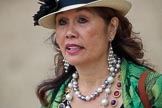 A lady wearing pearl necklaces and earrings arriving at Horse Guards Parade before  The Colonel's Review 2018 (final rehearsal for Trooping the Colour, The Queen's Birthday Parade)  at Horse Guards Parade, Westminster, London, 2 June 2018, 09:45.