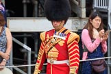 Drum Major Scott Fitzgerald, Coldstream Guards during The Colonel's Review 2018 (final rehearsal for Trooping the Colour, The Queen's Birthday Parade)  at Horse Guards Parade, Westminster, London, 2 June 2018, 10:07.