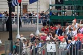 The Band of the Welsh Guards in the background, turning from The Mall to Horse Guards Parade during The Colonel's Review 2018 (final rehearsal for Trooping the Colour, The Queen's Birthday Parade)  at Horse Guards Parade, Westminster, London, 2 June 2018, 10:11.