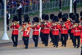 The Band of the Welsh Guards marching from The Mall to Horse Guards Parade, past the Youth Enclosure, during The Colonel's Review 2018 (final rehearsal for Trooping the Colour, The Queen's Birthday Parade)  at Horse Guards Parade, Westminster, London, 2 June 2018, 10:11.