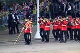 The Band of the Welsh Guards marching from The Mall to Horse Guards Parade, past the Youth Enclosure, during The Colonel's Review 2018 (final rehearsal for Trooping the Colour, The Queen's Birthday Parade)  at Horse Guards Parade, Westminster, London, 2 June 2018, 10:12.