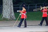 Senior Drum Major Damian Thomas, leading the Band of the Welsh Guards along Green Park, during The Colonel's Review 2018 (final rehearsal for Trooping the Colour, The Queen's Birthday Parade)  at Horse Guards Parade, Westminster, London, 2 June 2018, 10:12.