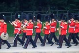 The Band of the Welsh Guards  marching past Green Park during The Colonel's Review 2018 (final rehearsal for Trooping the Colour, The Queen's Birthday Parade)  at Horse Guards Parade, Westminster, London, 2 June 2018, 10:12.