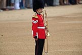 A musician of the Band of the Welsh Guards marking the destination for the arriving band during The Colonel's Review 2018 (final rehearsal for Trooping the Colour, The Queen's Birthday Parade)  at Horse Guards Parade, Westminster, London, 2 June 2018, 10:13.