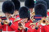 Musicians of the Band of the Welsh Guards marching onto Horse Guards Parade during The Colonel's Review 2018 (final rehearsal for Trooping the Colour, The Queen's Birthday Parade)  at Horse Guards Parade, Westminster, London, 2 June 2018, 10:14.