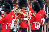 Senior Drum Major Damian Thomas, leading the 180 degrees turn of the Band of the Welsh Guards to get into position on Horse Guards Parade, during The Colonel's Review 2018 (final rehearsal for Trooping the Colour, The Queen's Birthday Parade)  at Horse Guards Parade, Westminster, London, 2 June 2018, 10:15.