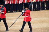 Colour Sentry Guardsman Jonathon Hughes (26) and Colour Sergeant Sam McAuley (31) marching forward, with the still encased flag, during The Colonel's Review 2018 (final rehearsal for Trooping the Colour, The Queen's Birthday Parade)  at Horse Guards Parade, Westminster, London, 2 June 2018, 10:32.