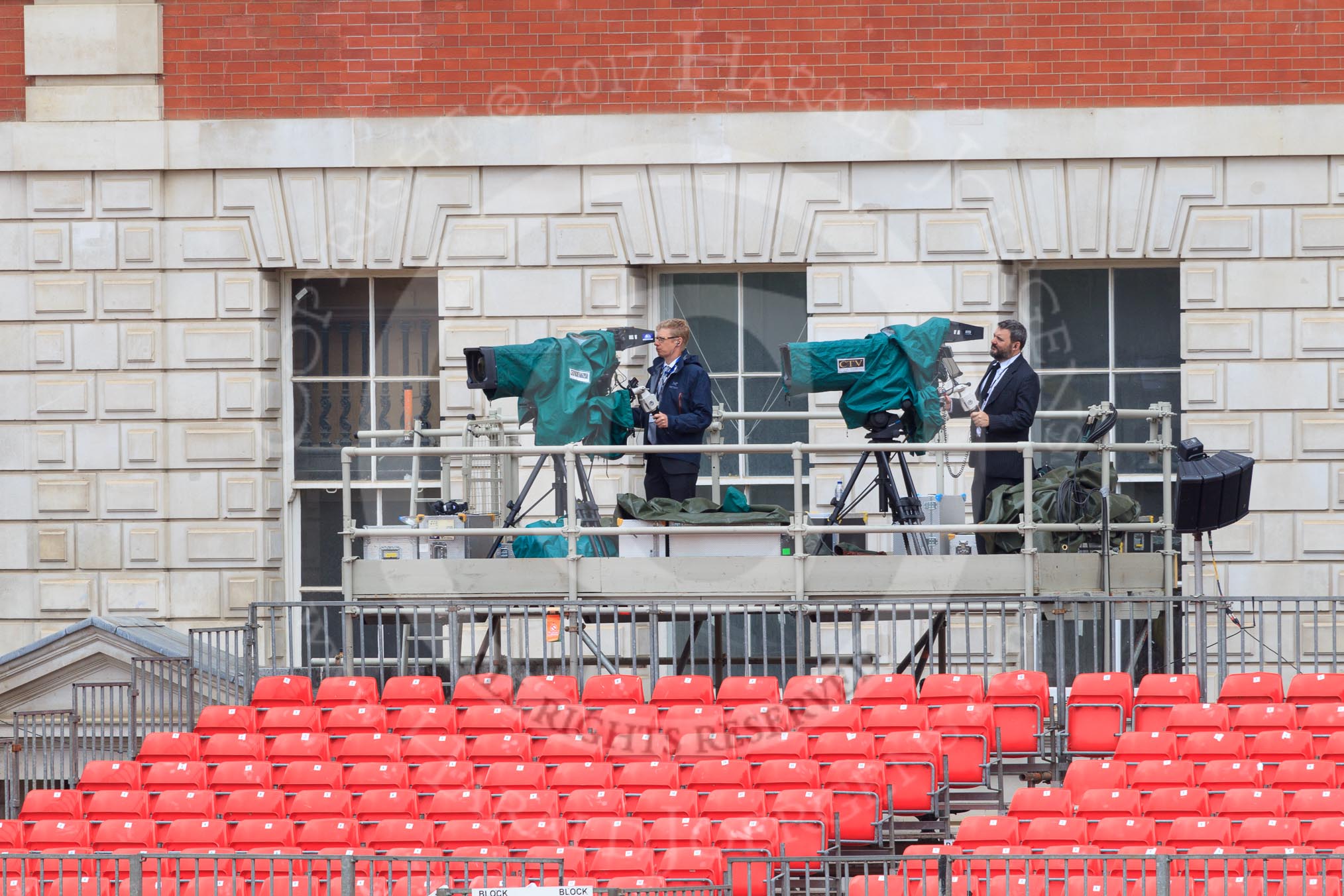 BBC (CTV) TV camera platforms at the Old Admiralty Building before Trooping the Colour 2018, The Queen's Birthday Parade at Horse Guards Parade, Westminster, London, 9 June 2018, 09:04.