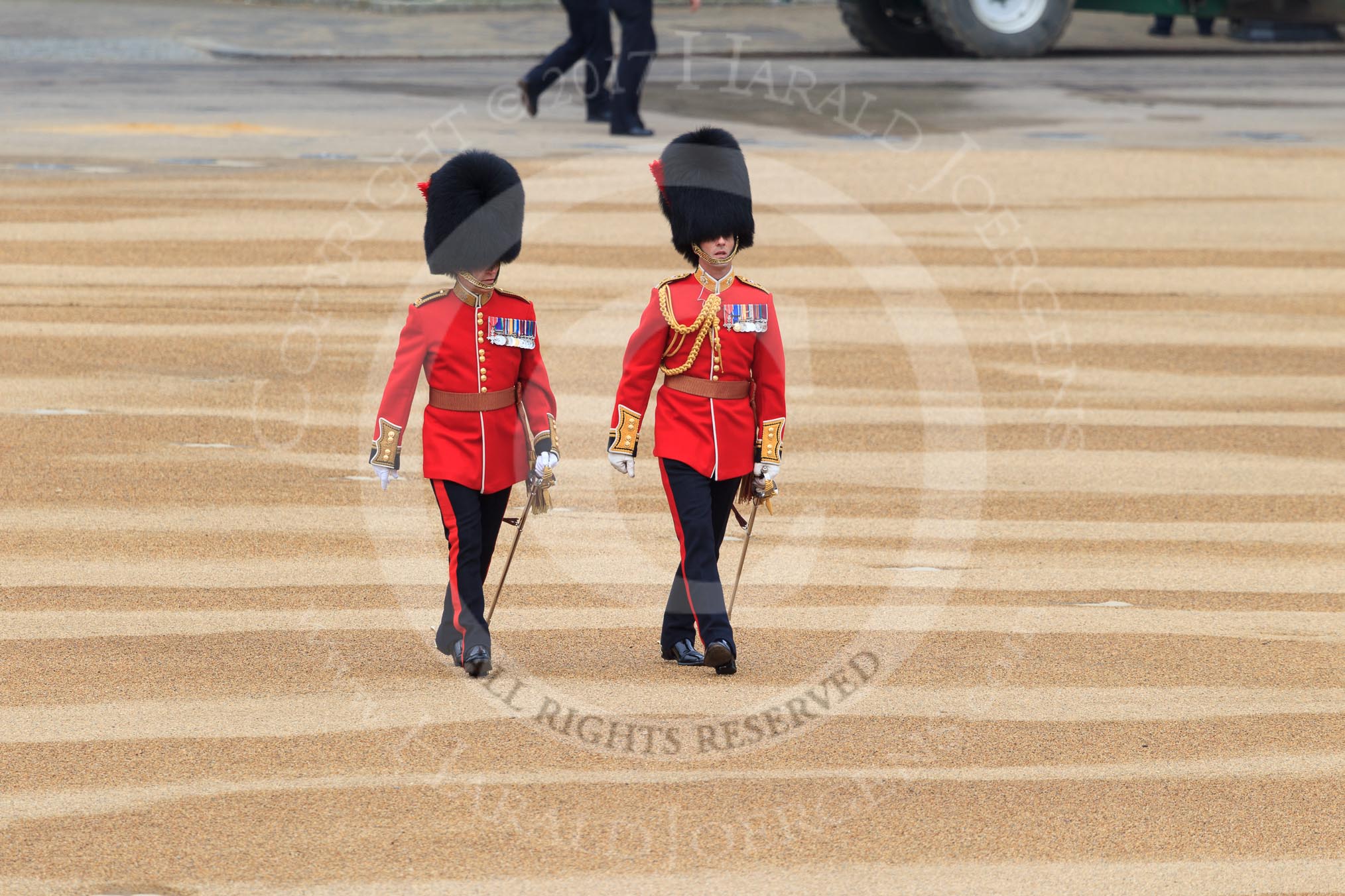 Two Irish Guards officers, the London Central Garrison Commander Lieutenant Colonel W J Duggan,  and Colonel Foot Guards, Lieutenant Colonel P C A McMullen, marching towards Horse Guards Arch before Trooping the Colour 2018, The Queen's Birthday Parade at Horse Guards Parade, Westminster, London, 9 June 2018, 09:12.