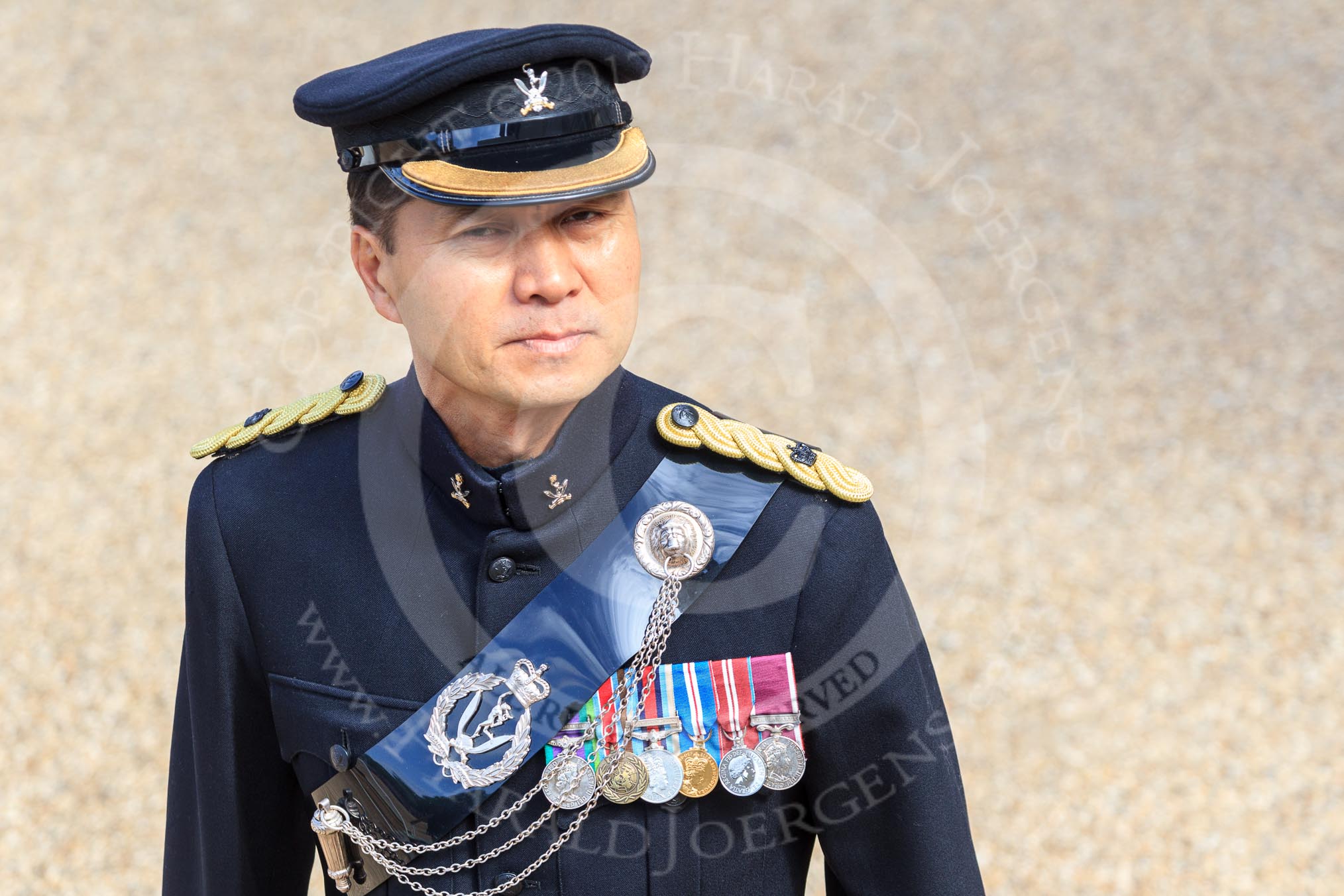 A Major of the Queen's Gurkha Signals before Trooping the Colour 2018, The Queen's Birthday Parade at Horse Guards Parade, Westminster, London, 9 June 2018, 10:07.