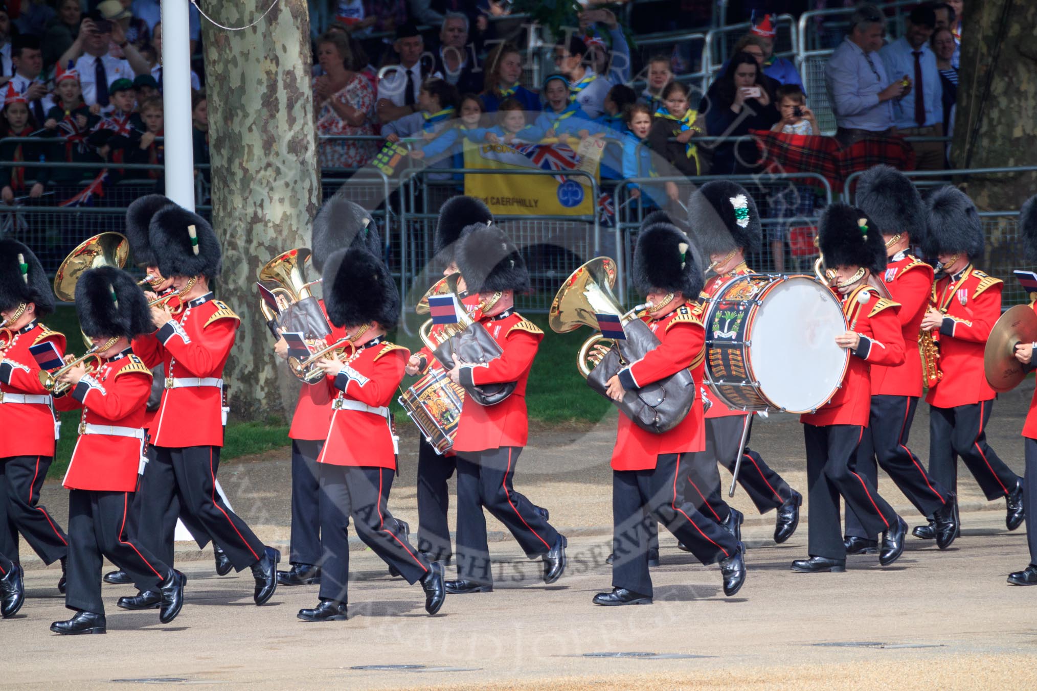 The Band of the Welsh Guards marching past the Youth Enclosure during Trooping the Colour 2018, The Queen's Birthday Parade at Horse Guards Parade, Westminster, London, 9 June 2018, 10:12.