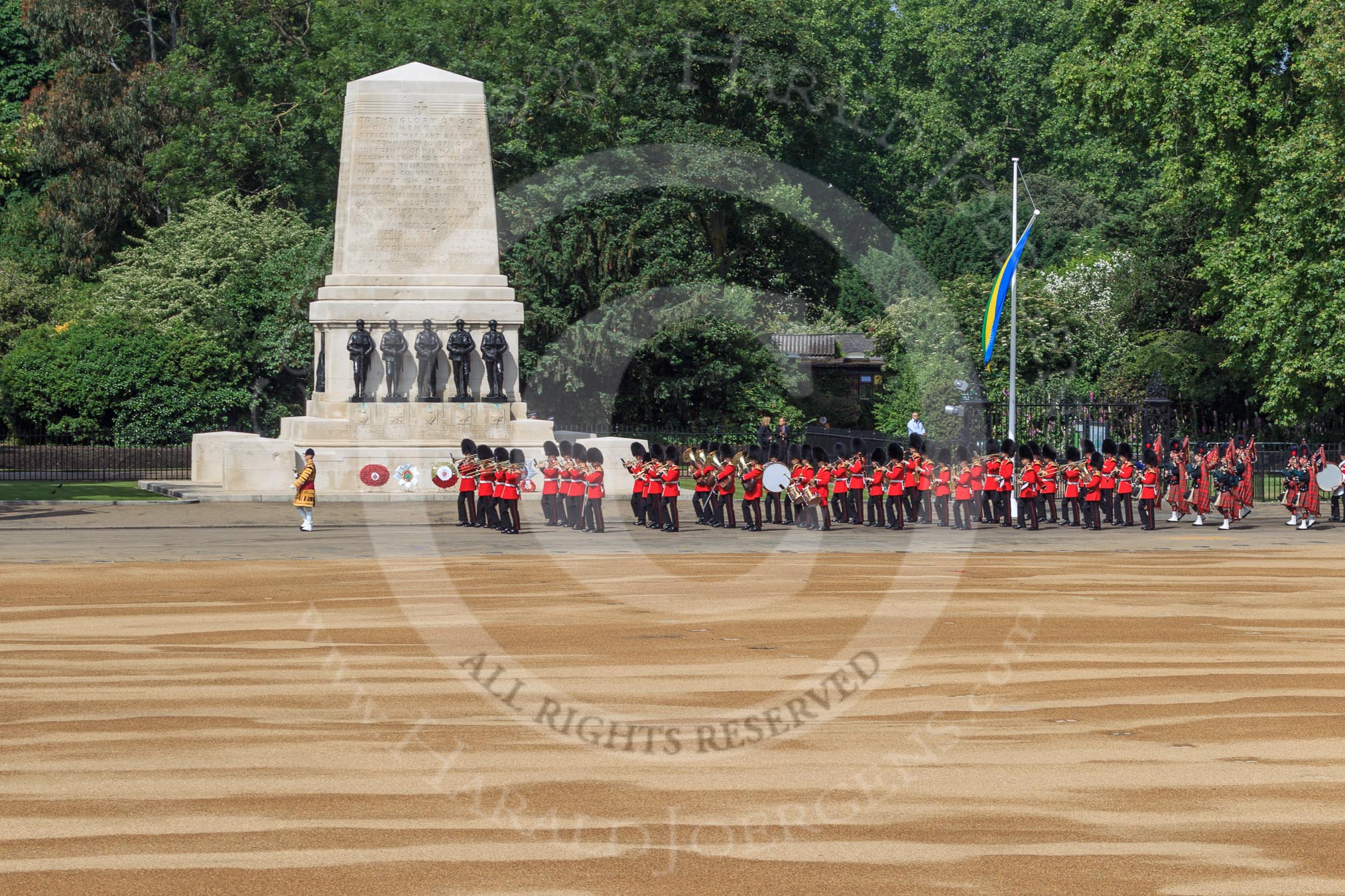 The Band of the Scots Guards marching past the Guards Memorial before Trooping the Colour 2018, The Queen's Birthday Parade at Horse Guards Parade, Westminster, London, 9 June 2018, 10:17.