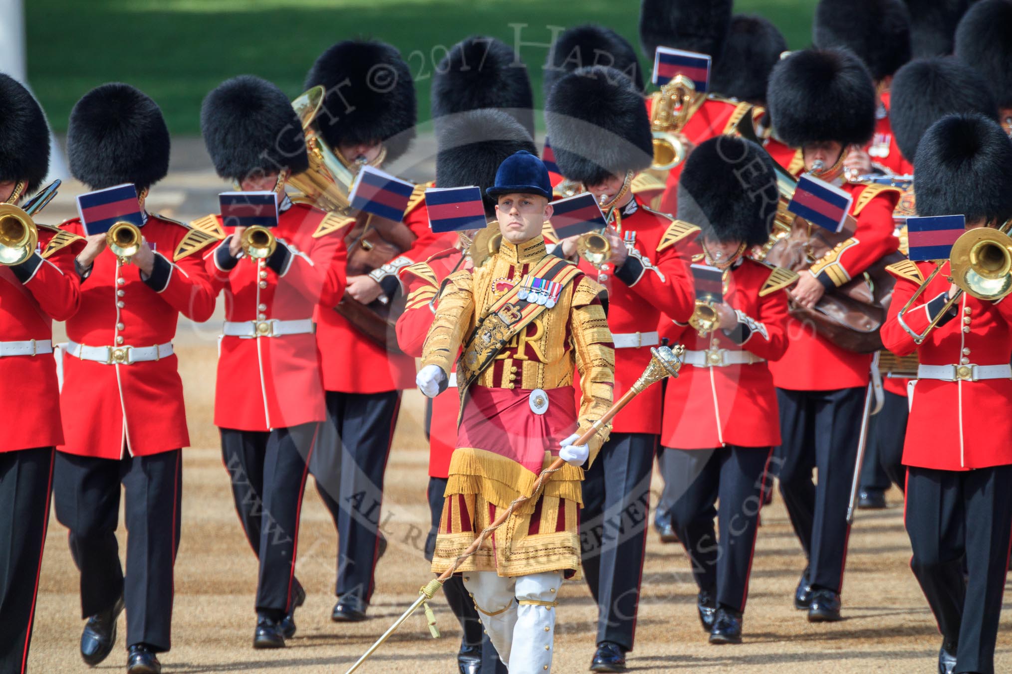 Drum Major Jonny Stranix, 1st Battalion Scots Guards, leading the Band of the Scots Guards onto Horse Guards Parade before Trooping the Colour 2018, The Queen's Birthday Parade at Horse Guards Parade, Westminster, London, 9 June 2018, 10:18.