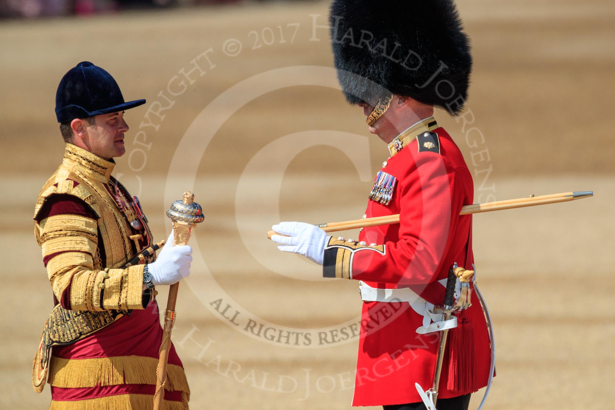 Garrison Sergeant Major (GSM) Headquarters London District, Warrant Officer Class 1 Andrew (Vern) Strokes meets Senior Drum Major Damian Thomas, Grenadier Guards, before Trooping the Colour 2018, The Queen's Birthday Parade at Horse Guards Parade, Westminster, London, 9 June 2018, 10:22.