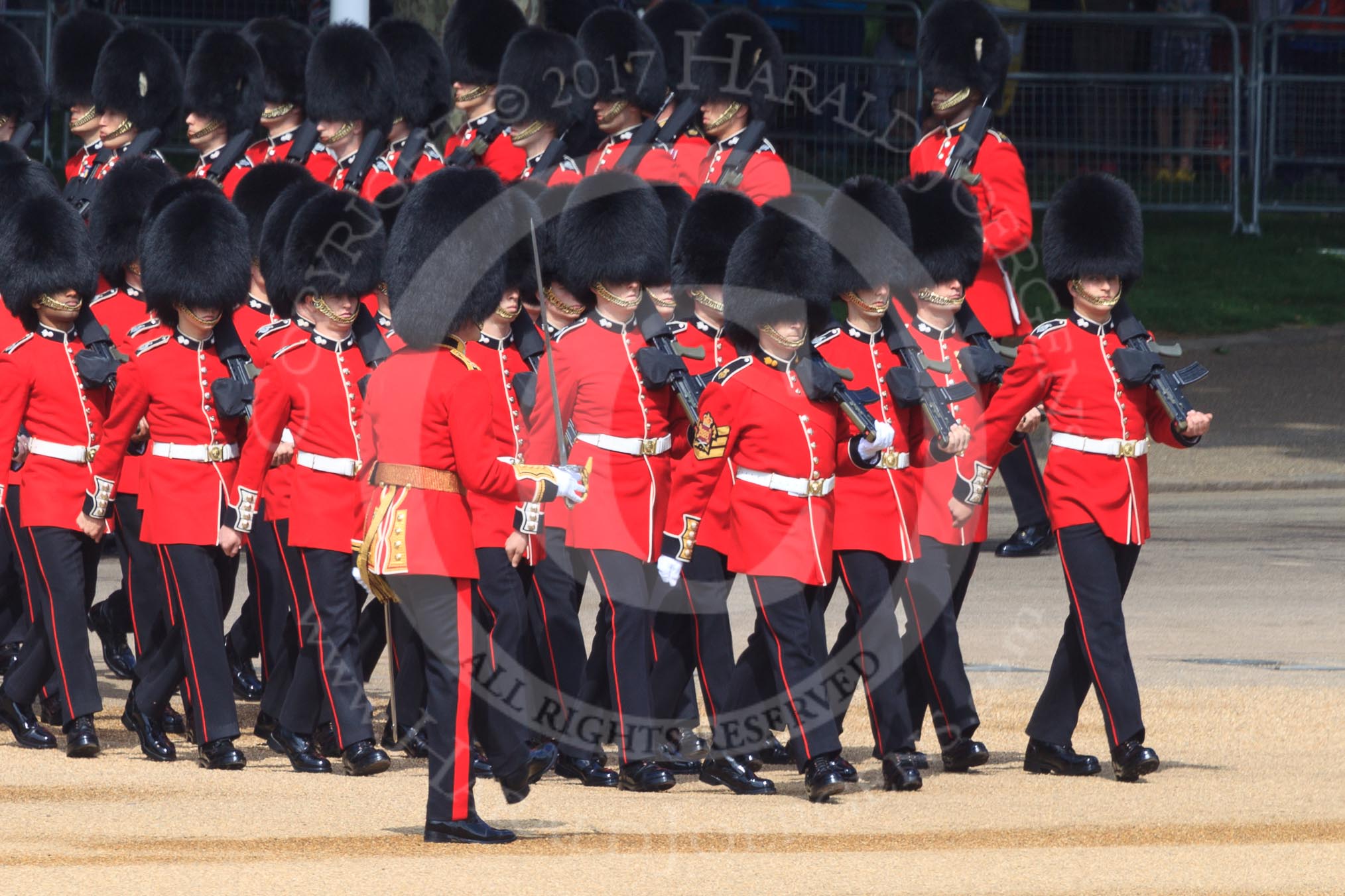 Number Five Guard, Nijmegen Company, Grenadier Guards, led by The Ensign, 2nd Lieutenant Felix Tracey, during Trooping the Colour 2018, The Queen's Birthday Parade at Horse Guards Parade, Westminster, London, 9 June 2018, 10:25.
