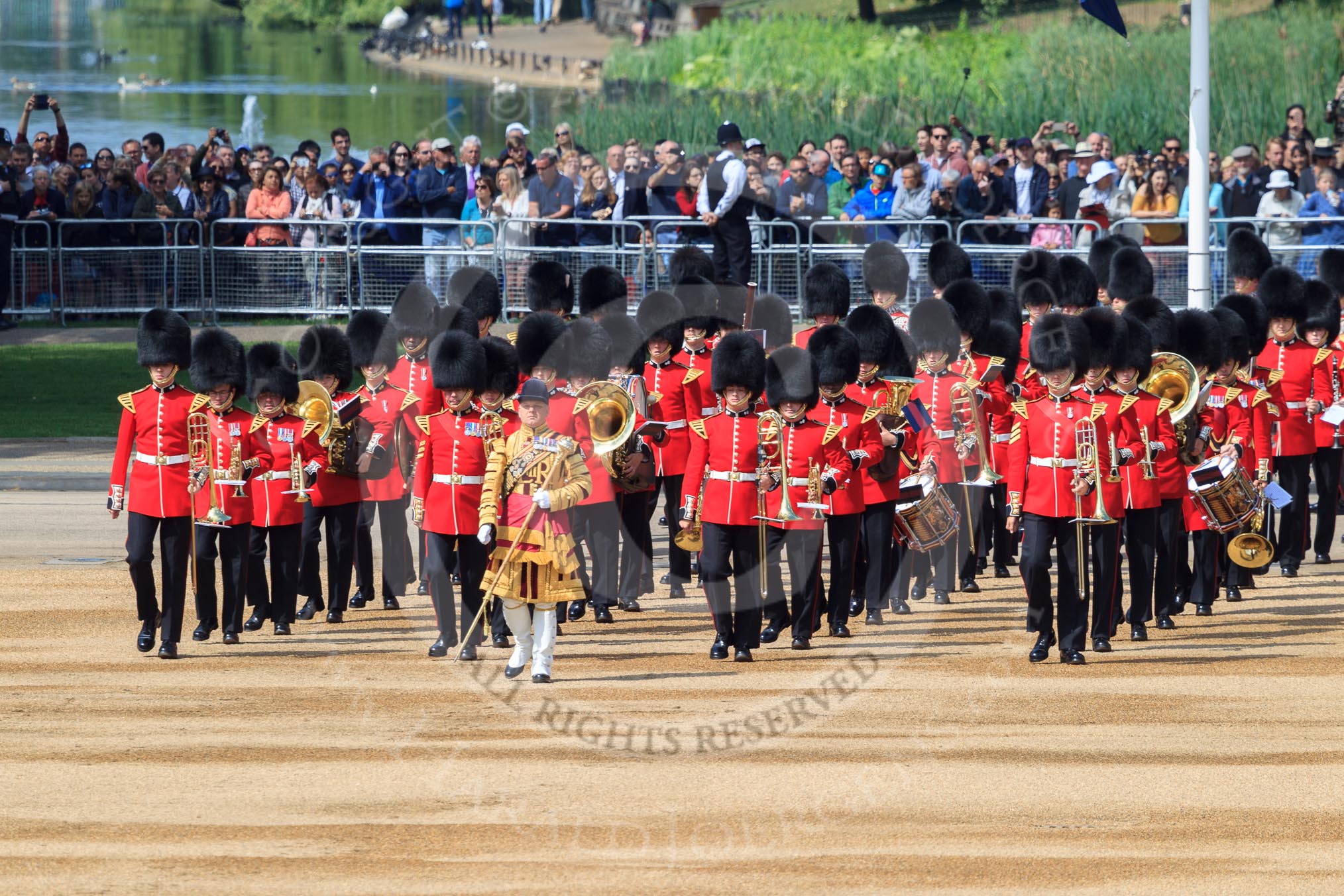 The Band of the Grenadier Guards, led by Drum Major Stephen Staite, Grenadier Guards, during Trooping the Colour 2018, The Queen's Birthday Parade at Horse Guards Parade, Westminster, London, 9 June 2018, 10:26.