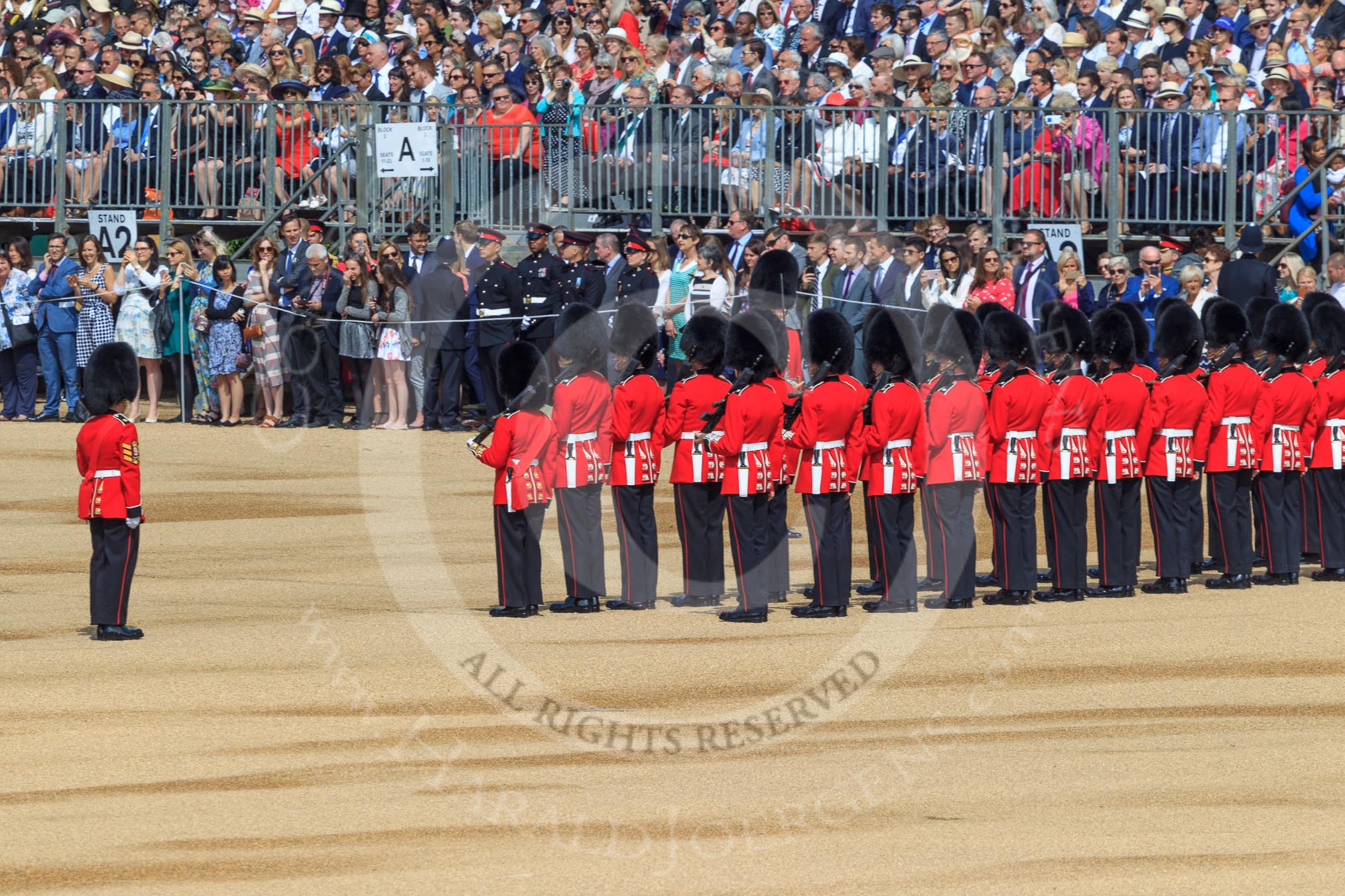 Number Six Guard, F Company, Scots Guards at their initial position on Horse Guards Parade, with Warrant Officer Class 2 (CSM) Nigel Heron, (33), on the left, during Trooping the Colour 2018, The Queen's Birthday Parade at Horse Guards Parade, Westminster, London, 9 June 2018, 10:26.