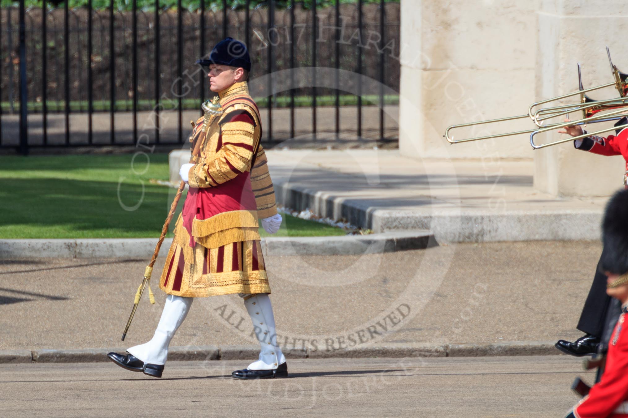 Drum Major Gareth Chambers, 1st Battalion Irish Guards leading the Band of the Irish Guards during Trooping the Colour 2018, The Queen's Birthday Parade at Horse Guards Parade, Westminster, London, 9 June 2018, 10:28.