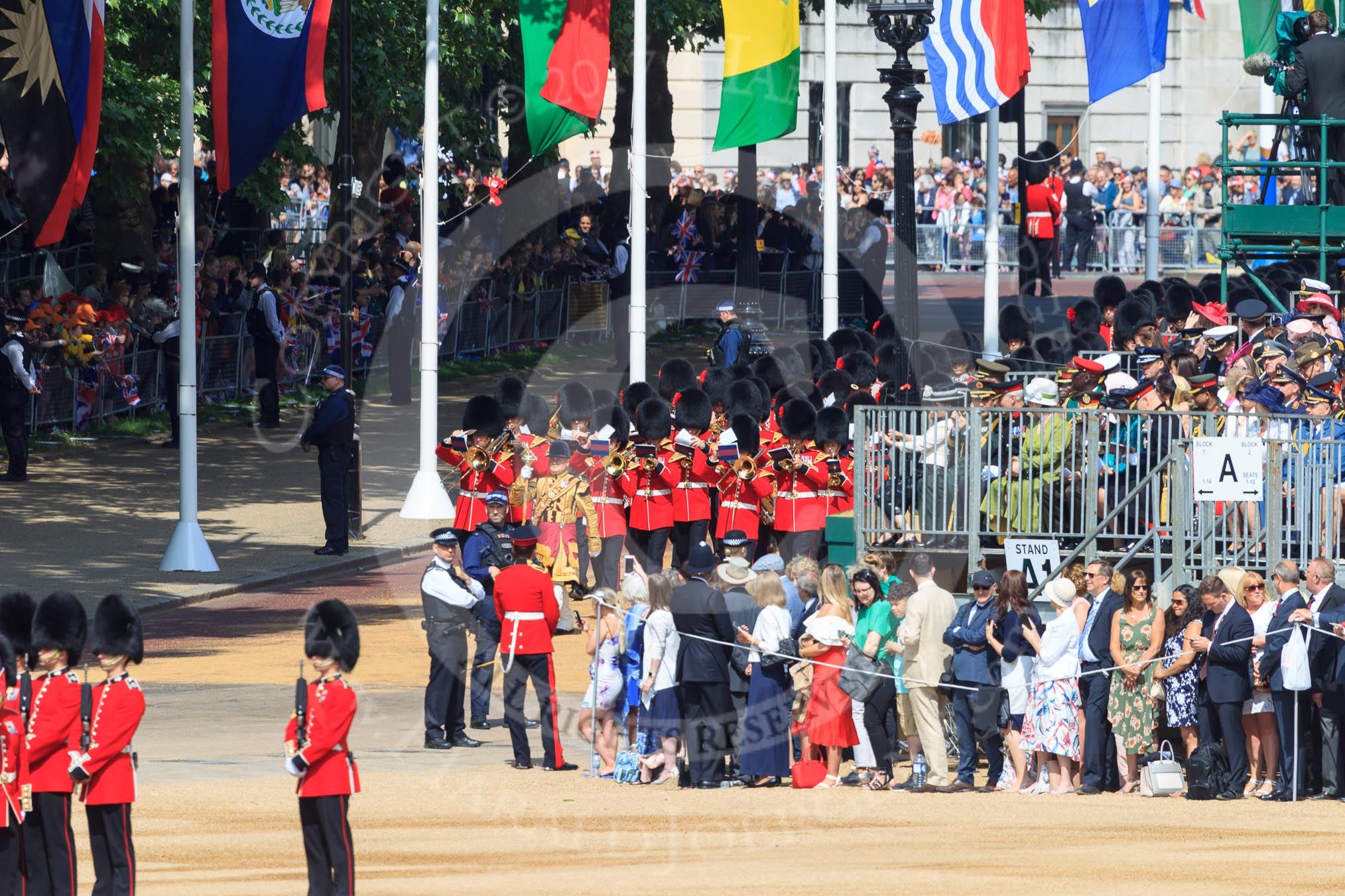 The Band of the Coldstream Guards marching onto Horse Guards Parade during Trooping the Colour 2018, The Queen's Birthday Parade at Horse Guards Parade, Westminster, London, 9 June 2018, 10:30.