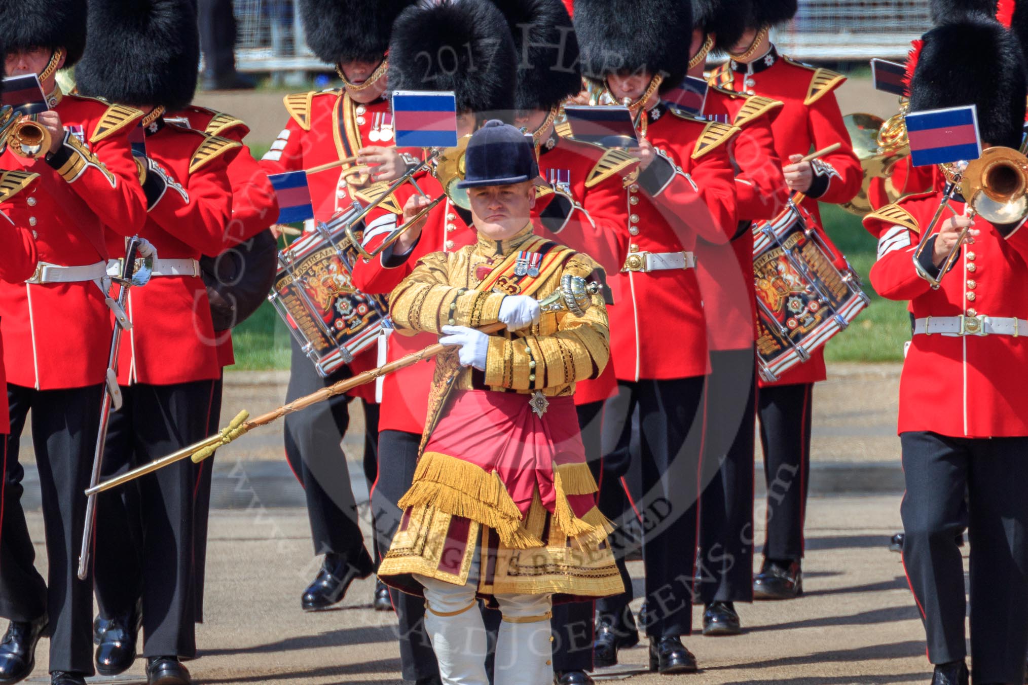 Drum Major Liam Rowley, 1st Battalion Coldstream Guards  leading the Band of the Coldstream Guards onto Horse Guards Parade during Trooping the Colour 2018, The Queen's Birthday Parade at Horse Guards Parade, Westminster, London, 9 June 2018, 10:32.