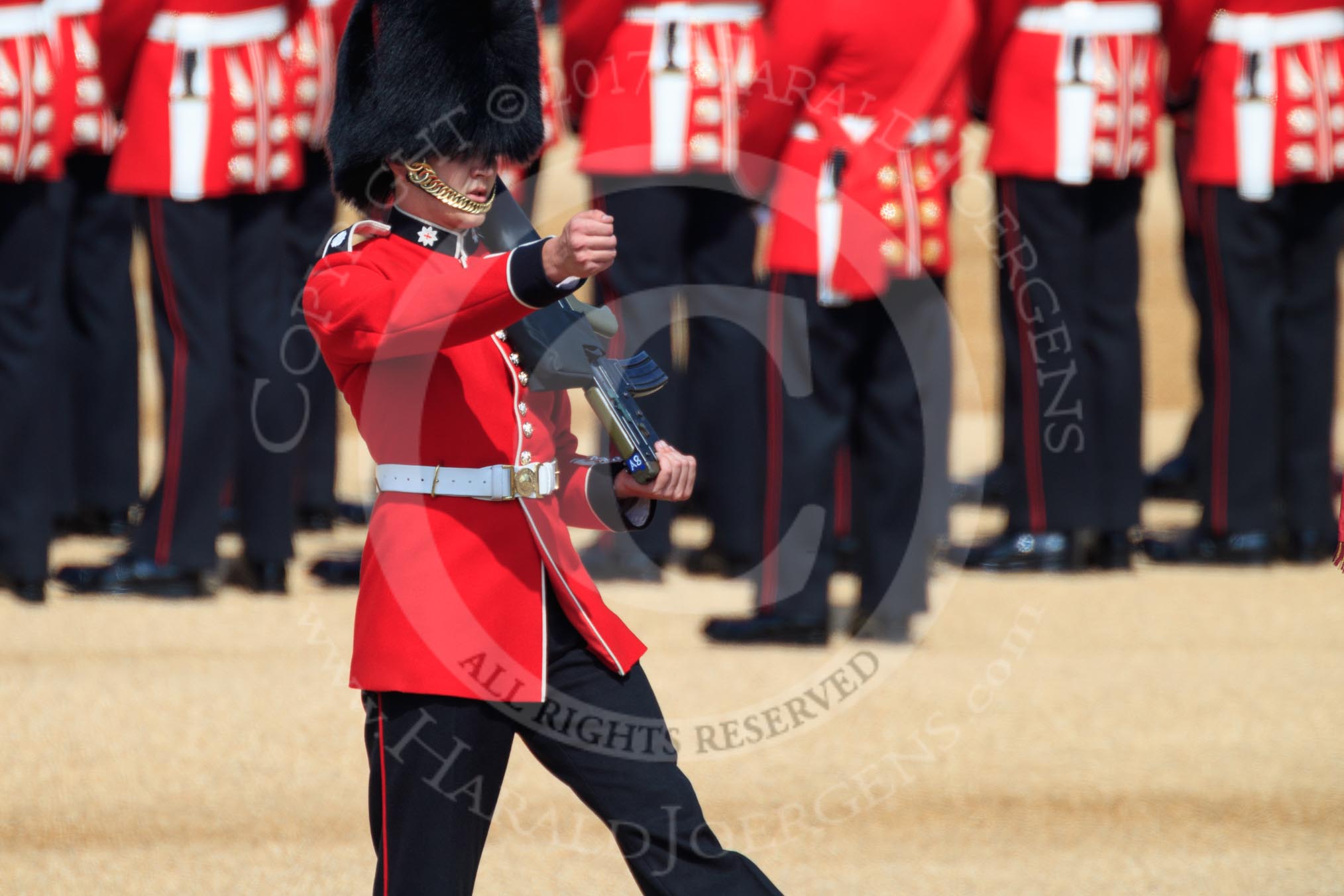 The Colour Sentry Guardsman Jonathon Hughes (26) patrolling the uncased Colour during Trooping the Colour 2018, The Queen's Birthday Parade at Horse Guards Parade, Westminster, London, 9 June 2018, 10:34.