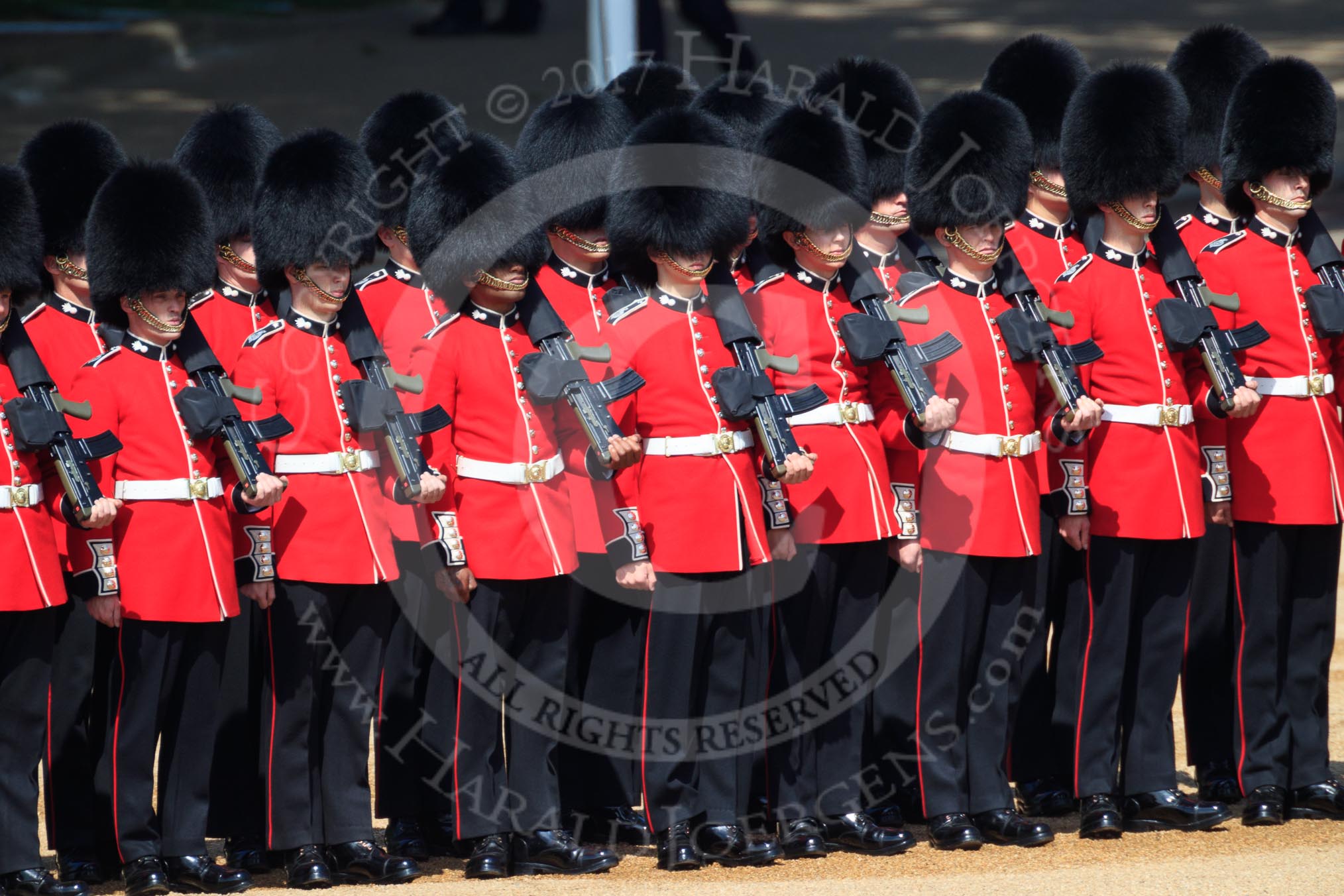 Number Five Guard, Nijmegen Company, Grenadier Guards after changing formation, during Trooping the Colour 2018, The Queen's Birthday Parade at Horse Guards Parade, Westminster, London, 9 June 2018, 10:37.