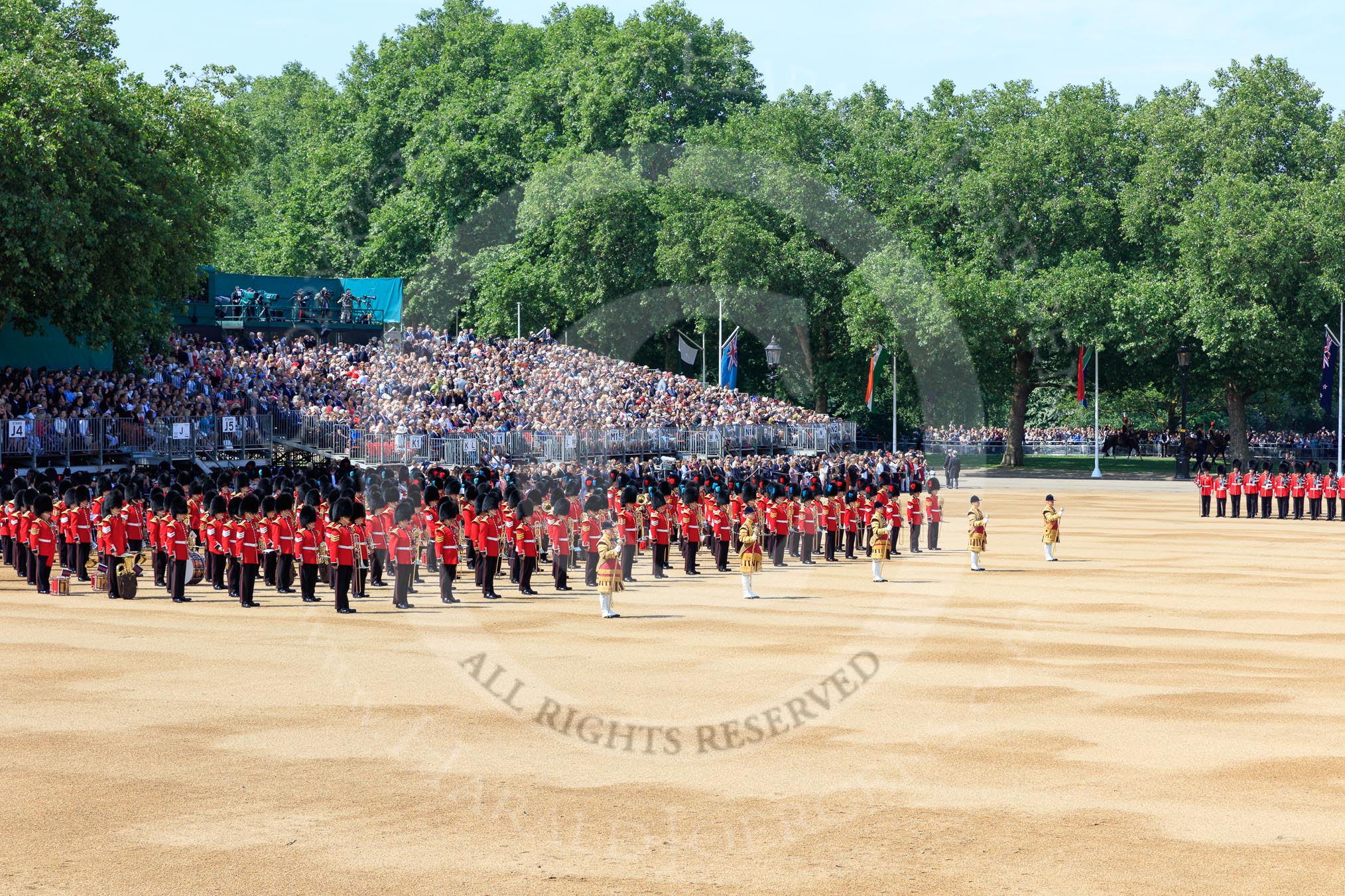 The Massed Bands in position on the Downing Street side of Horse Guards Parade during Trooping the Colour 2018, The Queen's Birthday Parade at Horse Guards Parade, Westminster, London, 9 June 2018, 10:39.