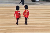 Two Irish Guards officers, the London Central Garrison Commander Lieutenant Colonel W J Duggan,  and Colonel Foot Guards, Lieutenant Colonel P C A McMullen, marching towards Horse Guards Arch before Trooping the Colour 2018, The Queen's Birthday Parade at Horse Guards Parade, Westminster, London, 9 June 2018, 09:12.