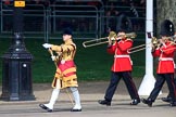 Senior Drum Major Damian Thomas, Grenadier Guards leading the Band of the Welsh Guards before Trooping the Colour 2018, The Queen's Birthday Parade at Horse Guards Parade, Westminster, London, 9 June 2018, 10:12.