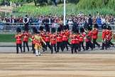 The Band of the Welsh Guards. led by Senior Drum Major Damian Thomas, Grenadier Guards, turning onto Horse Guards Parade during Trooping the Colour 2018, The Queen's Birthday Parade at Horse Guards Parade, Westminster, London, 9 June 2018, 10:13.