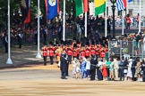 The Band of the Scots Guards marching from The Mall towards Horse Guards Parade before Trooping the Colour 2018, The Queen's Birthday Parade at Horse Guards Parade, Westminster, London, 9 June 2018, 10:16.
