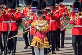 Drum Major Liam Rowley, 1st Battalion Coldstream Guards  leading the Band of the Coldstream Guards onto Horse Guards Parade during Trooping the Colour 2018, The Queen's Birthday Parade at Horse Guards Parade, Westminster, London, 9 June 2018, 10:32.