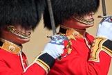 The Subaltern, Captain HCC Bucknall, Escort to the Colour, 1st Battalion Coldstream Guards, and The Subaltern, Captain GOL Cazalet, Number Two Guard, 1st Battalion Coldstream Guards, marching towards Horse Guards Arch during Trooping the Colour 2018, The Queen's Birthday Parade at Horse Guards Parade, Westminster, London, 9 June 2018, 10:35.